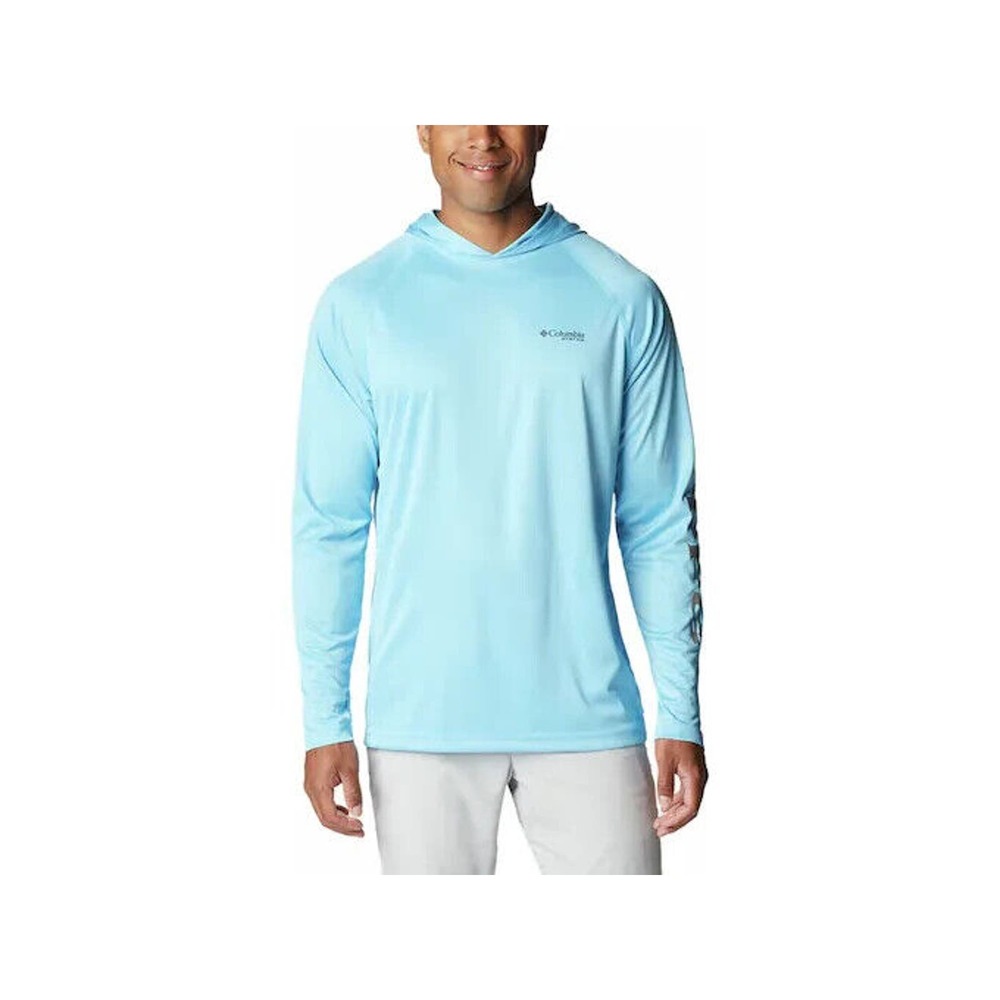 Mens Columbia PFG Terminal Tackle Fishing Long-Sleeve Hoodie - Aqua Blue XLarge